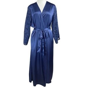 Vintage Y2K MORGAN TAYLOR Womens (L) Robe Blue Satin Sheer Tie Classic Elegant